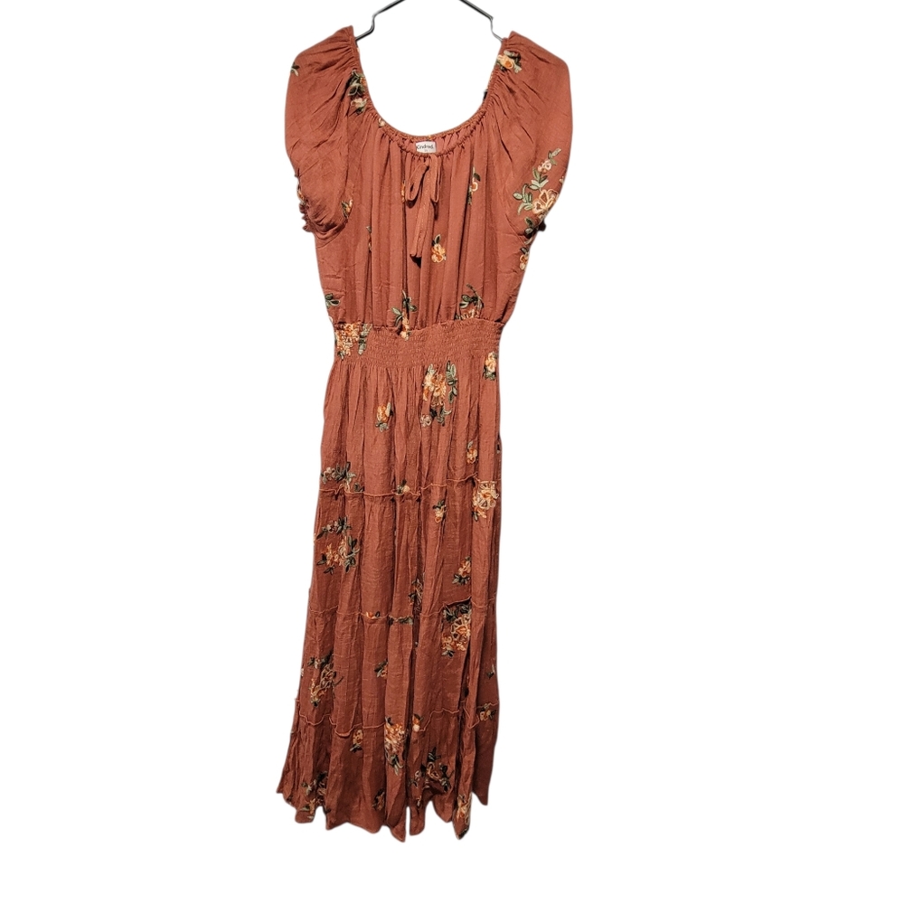 Kindred 2X Rust Orange Floral Embroidered Maxi Dress Boho Peasant Tiered Plus
